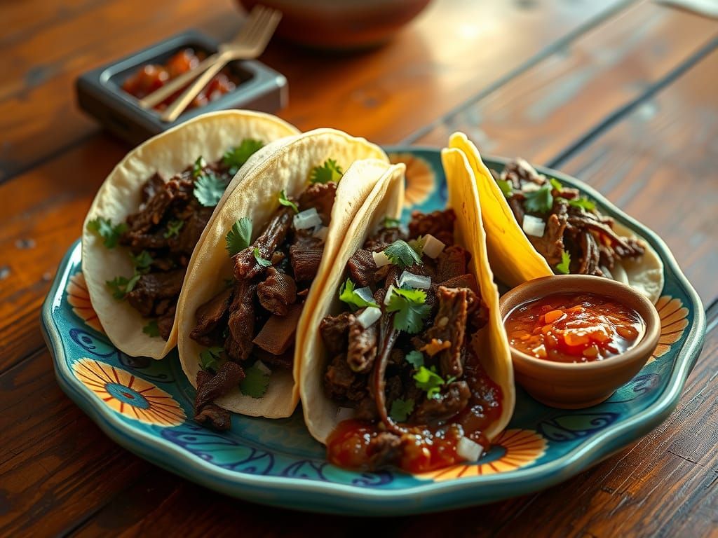 Steaming Barbacoa Tacos in a Vibrant Mexican Market Scene