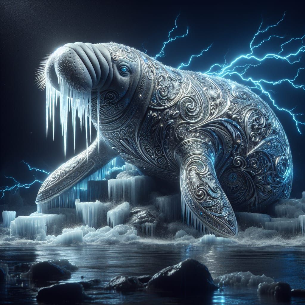 Silver Manatee ice art. Paisley designs. Blue Lightning.