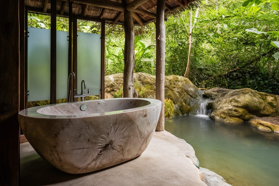 Dumortierite Quartz Bathtub in Rustic Outdoor Bathroom