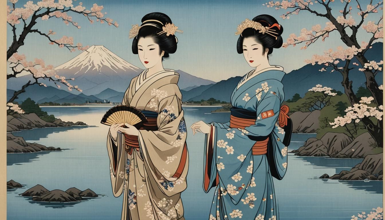 Geisha at Lake: An Ukiyo-e Woodblock Print