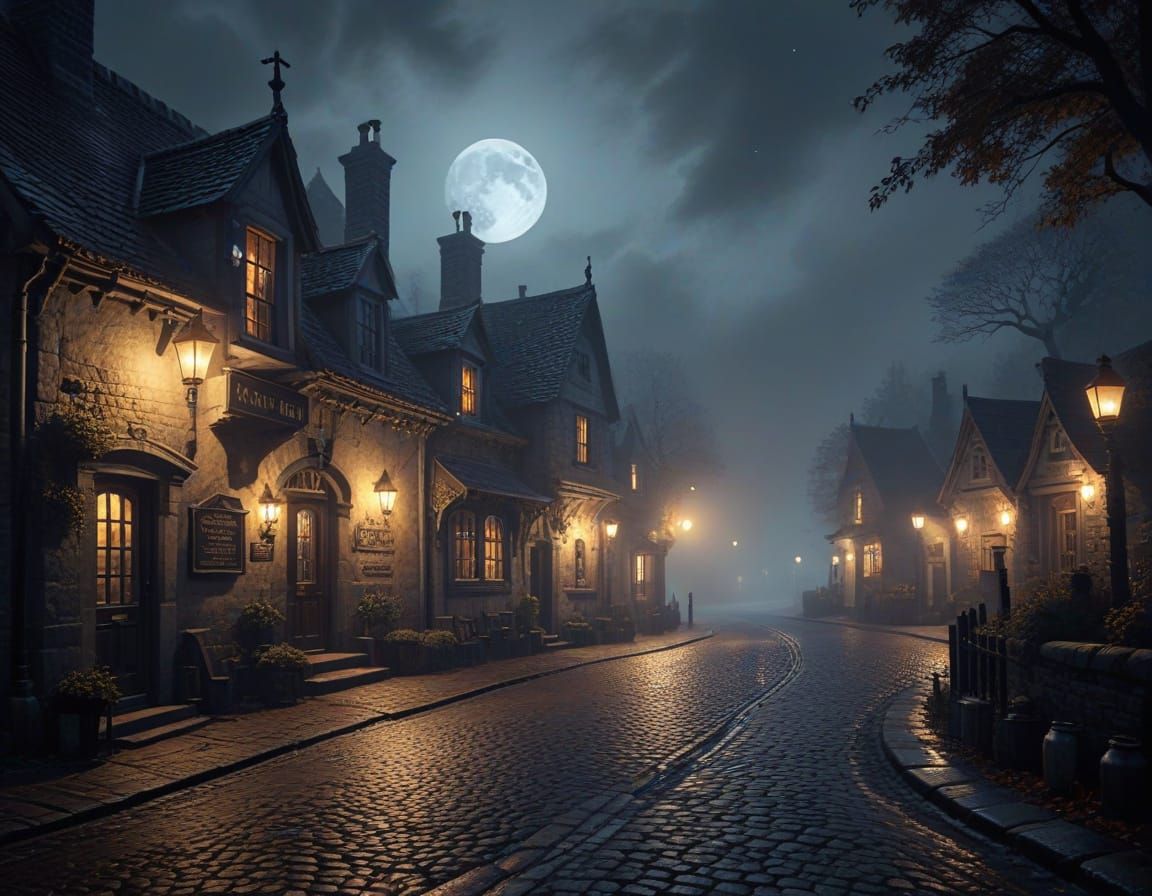 Victorian Tavern in Foggy Night with Moon