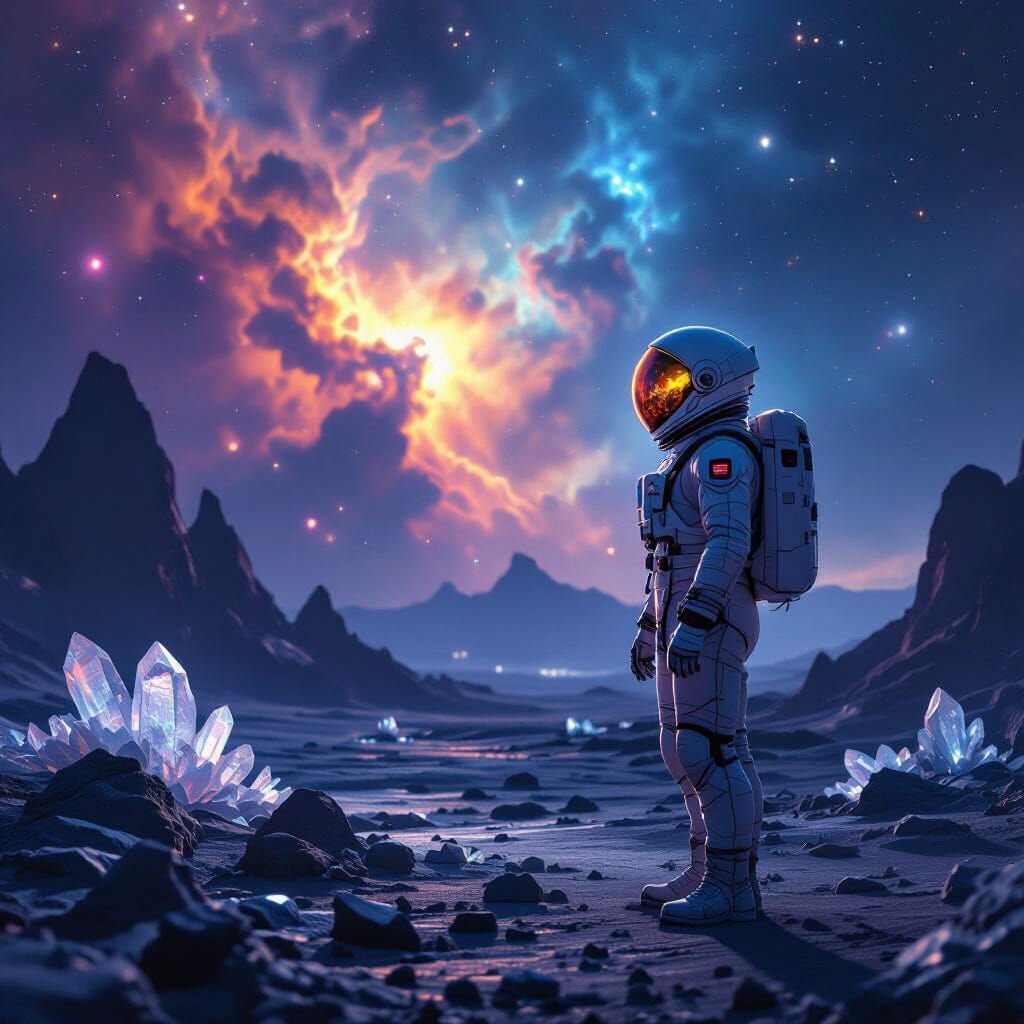 Astronaut on Alien Planet with Nebula in Hyperrealism