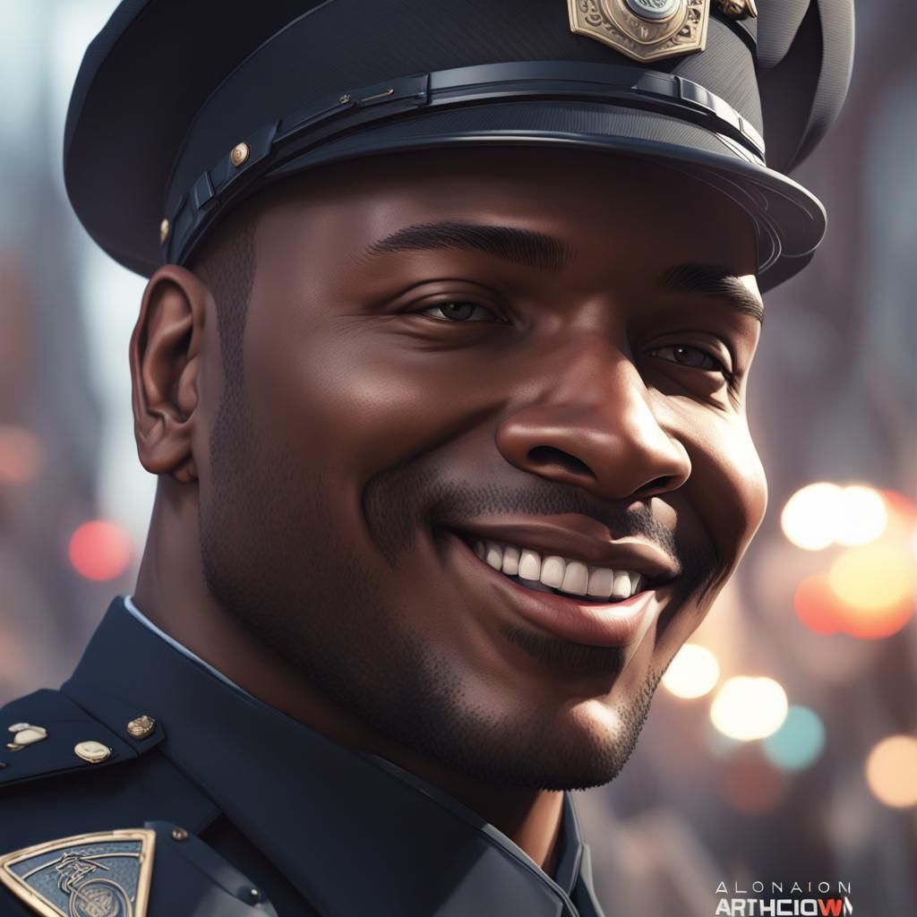 Smiling Black Policeman Portrait in Hyperdetailed Style