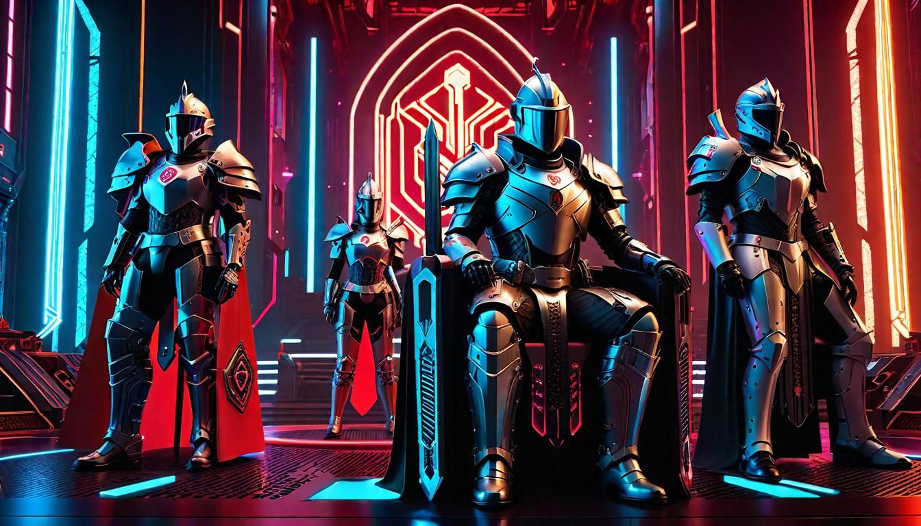 Cyberpunk Knights Templar in Sci-Fi Throne Room