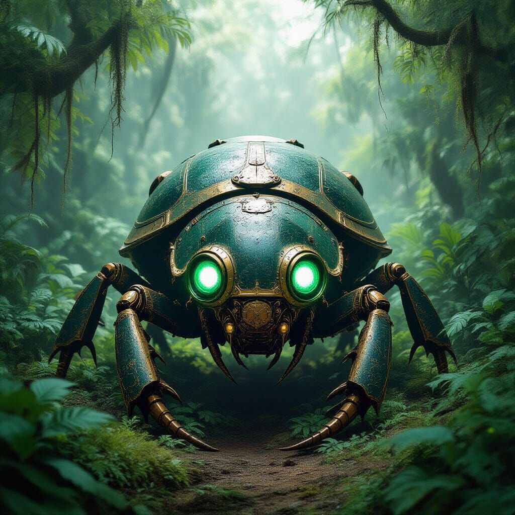 Mechanical Beetle in Jungle Clearing, Art Nouveau Style