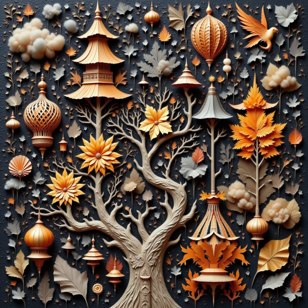 Ethereal Folk Art Masterpiece with Vibrant Orange and Gray H...