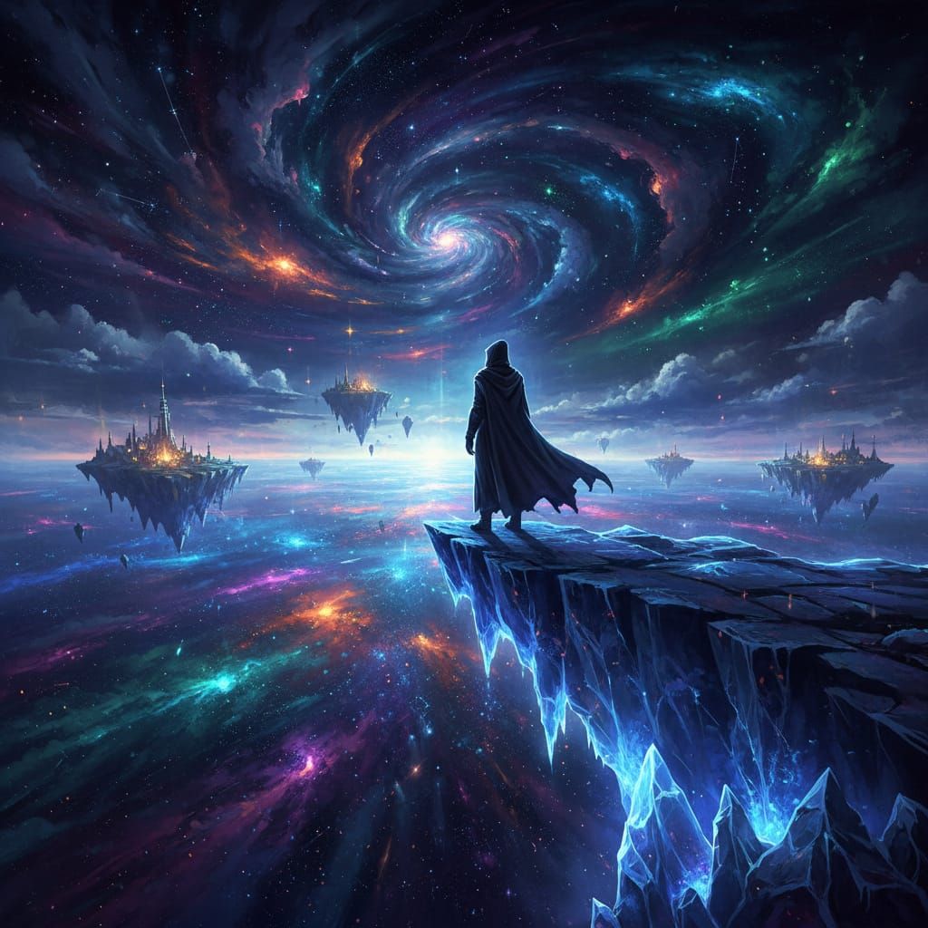 Hooded Figure on Crystal Cliff Above Star Ocean