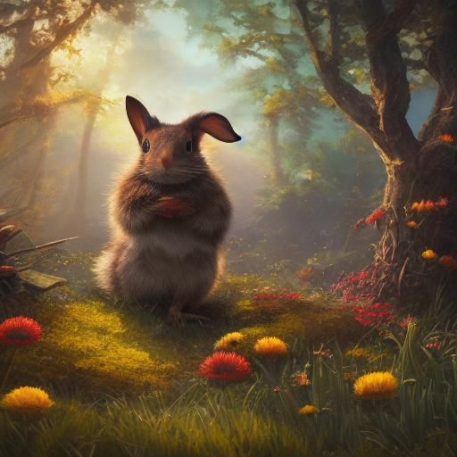 Cute Animals Play in Lush Forest: Fantasy Concept Art