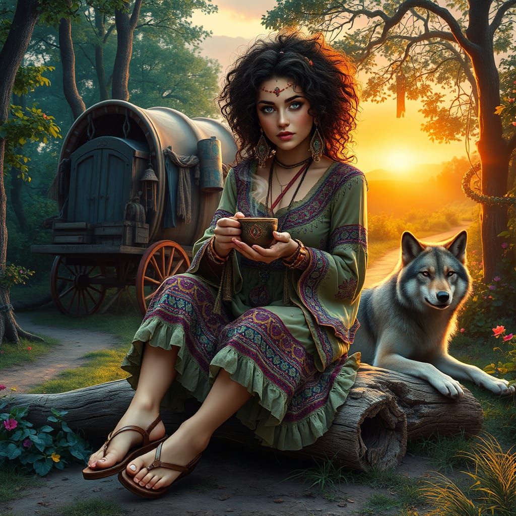 Hyper-Realistic Gypsy Woman in Whimsical Woodland Setting