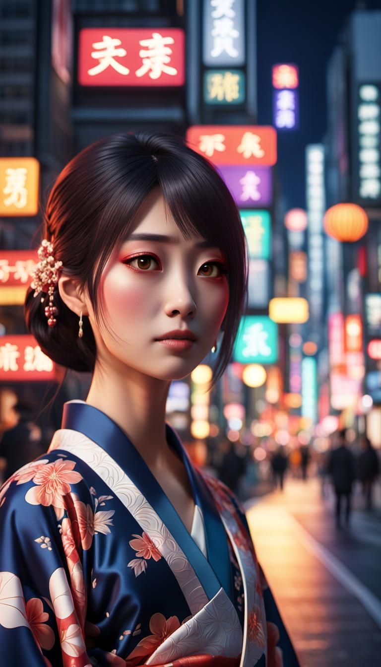 Anime Girl in Metropolis with Japanese Kimono