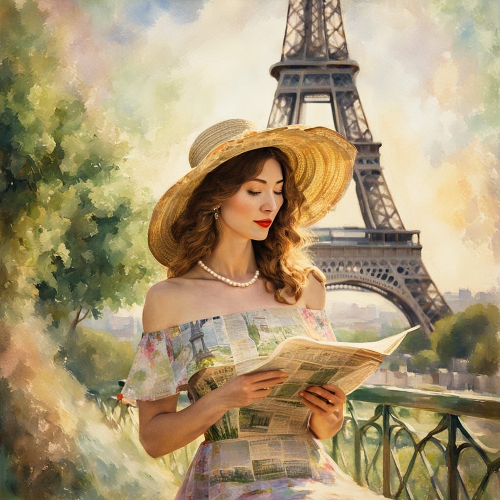 Woman in Straw Hat Near Eiffel Tower, Impressionist Style