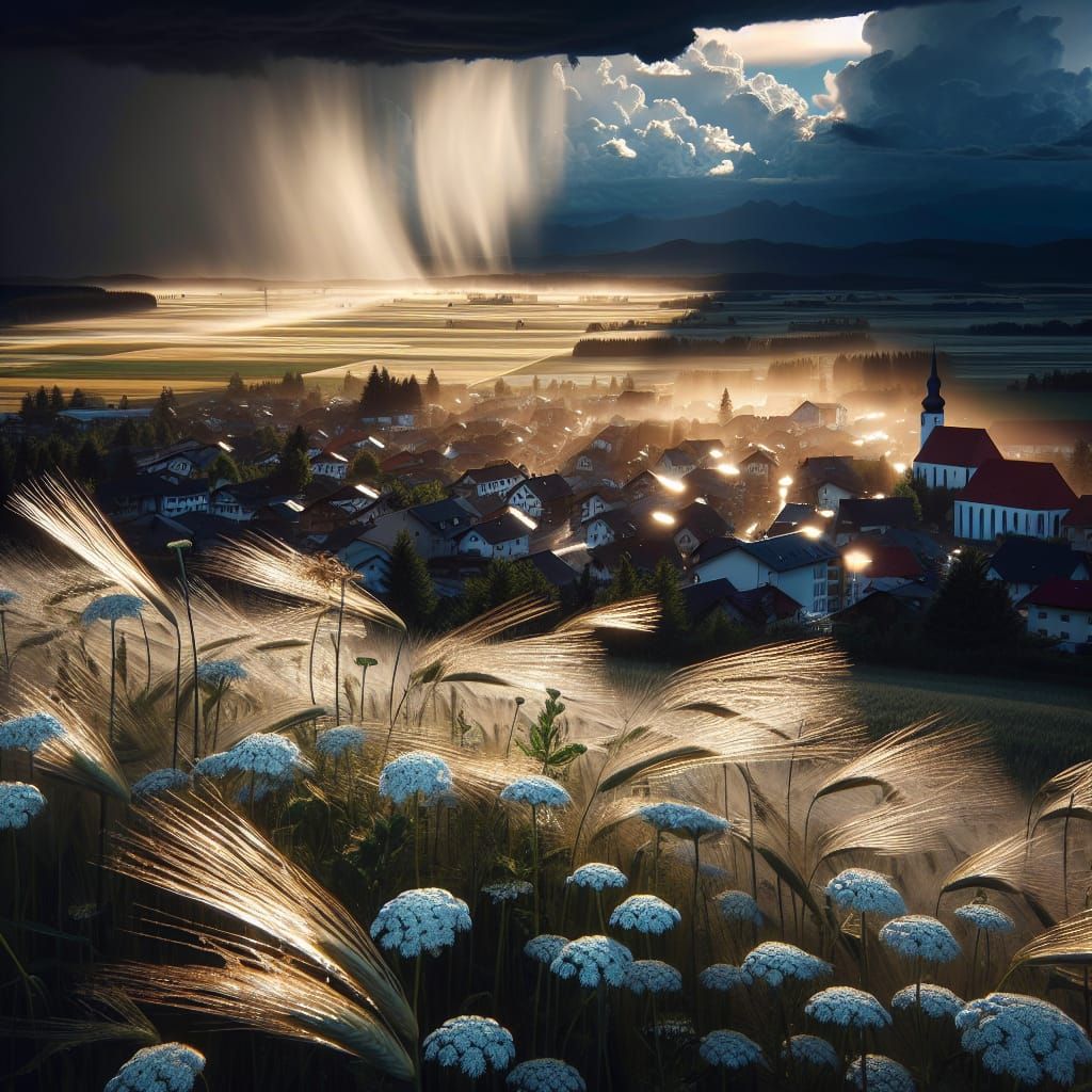 Village After Storm with Flowers and Wheat