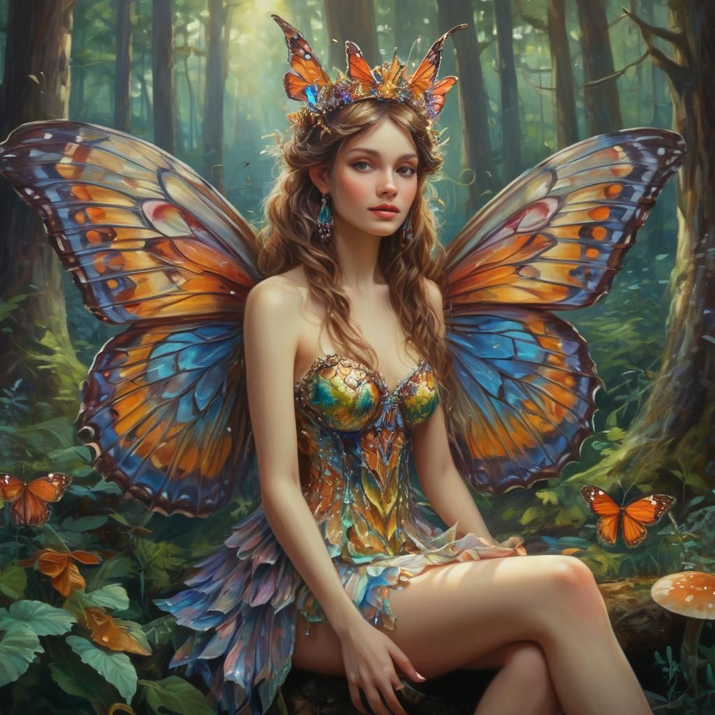 Fairy Queen Portrait with Butterfly Wings as Oil Painting