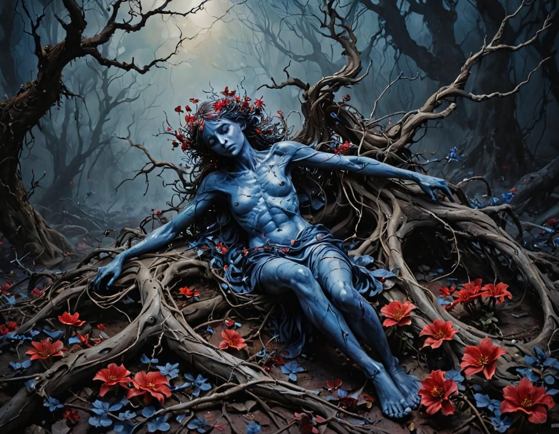 Fallen Angel in Whimsical Nightmare, as Oil Painting