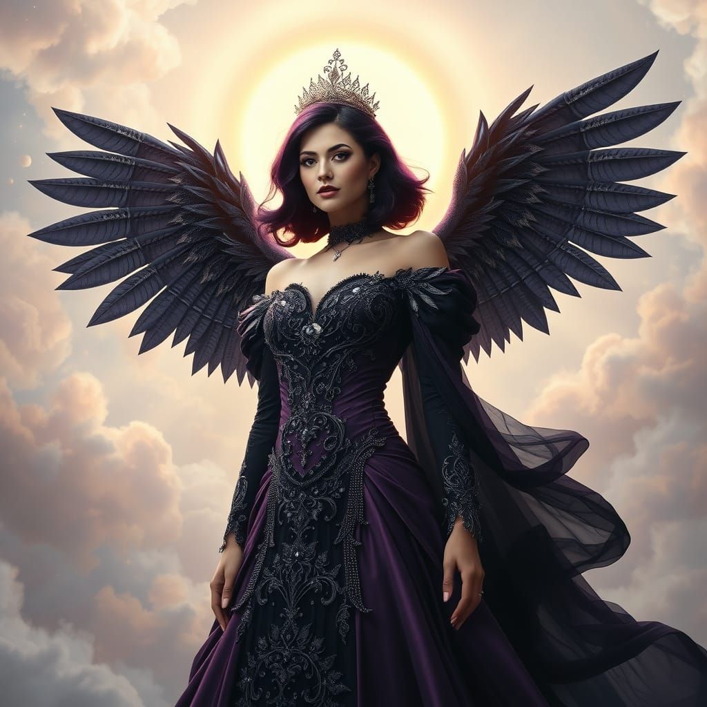 Regal Dark Purple Angel with Shimmering Silver Accents and E...