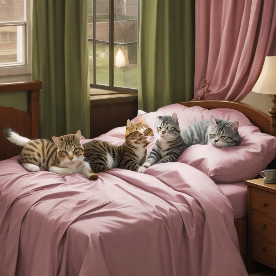 Cats Relaxing in Bed, Impressionistic Style