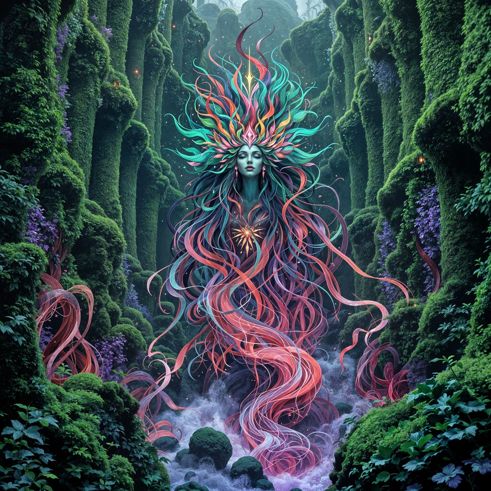 Emerald Goddess Births Vibrant Vines in Cosmic Ruins