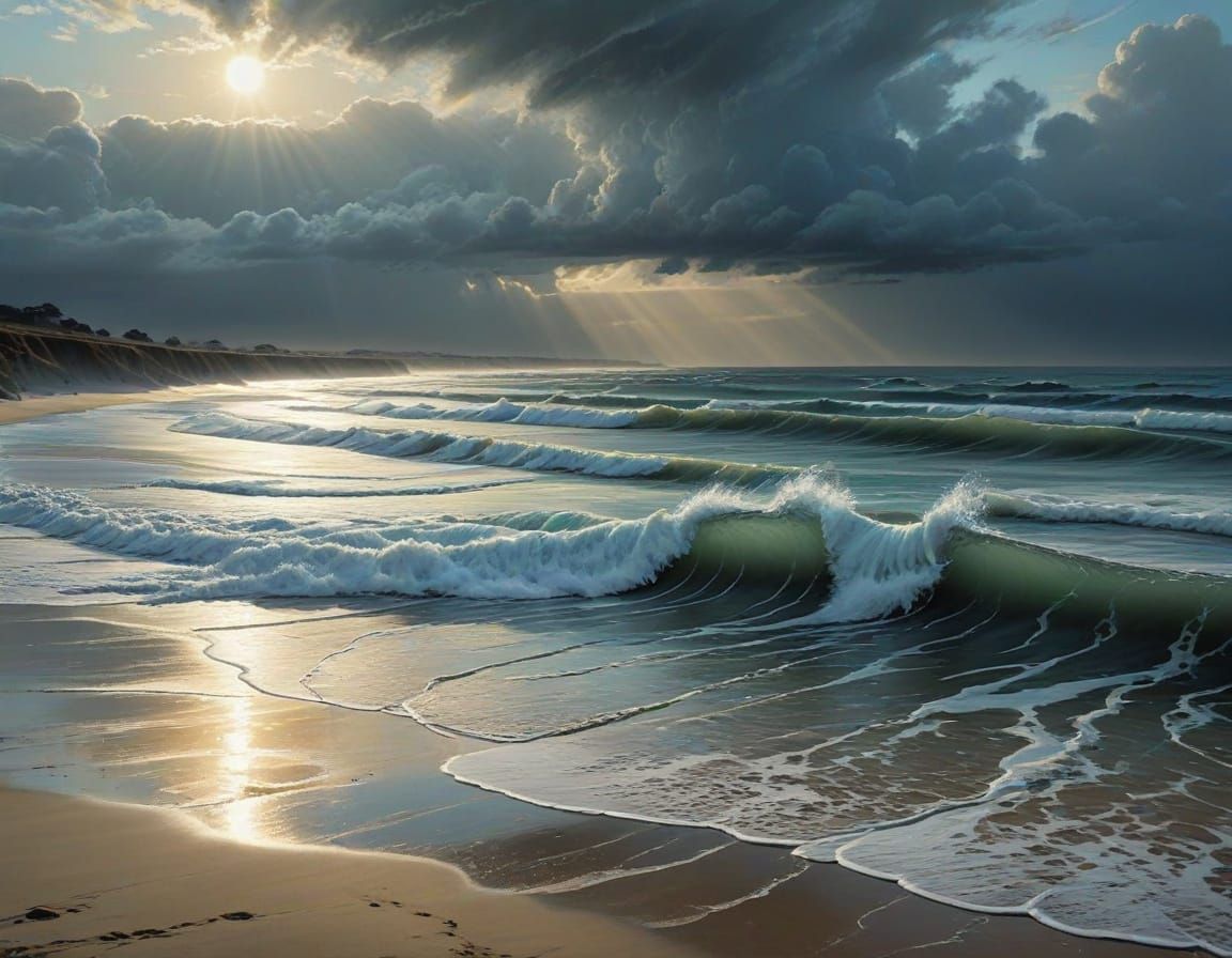 Icy Winter Beach Scene in Oil Painting Style