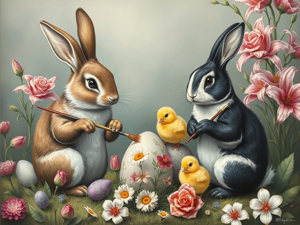 Rabbits and Chicks Painting Easter Eggs in Fairy Tale