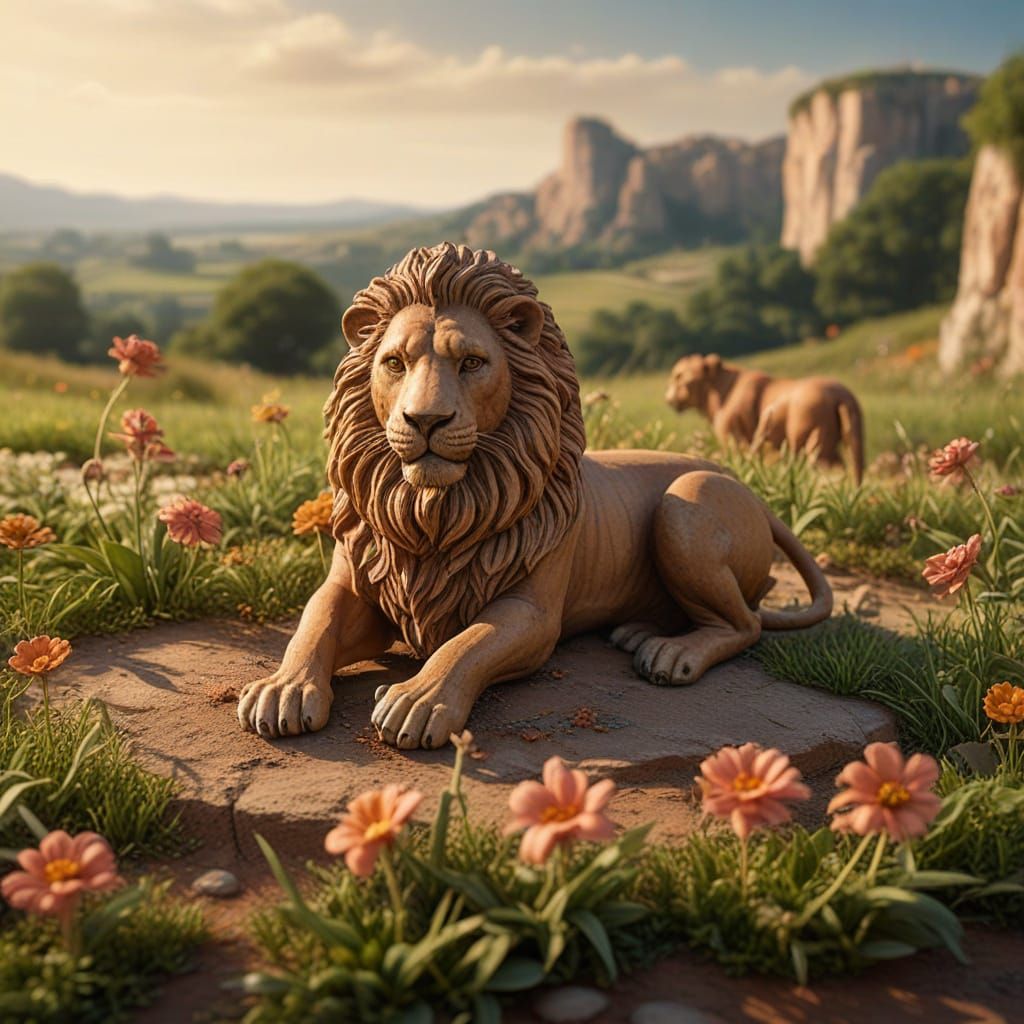 Tiny Ancient Soldiers Bow to Majestic Lion in Miniature Pain...