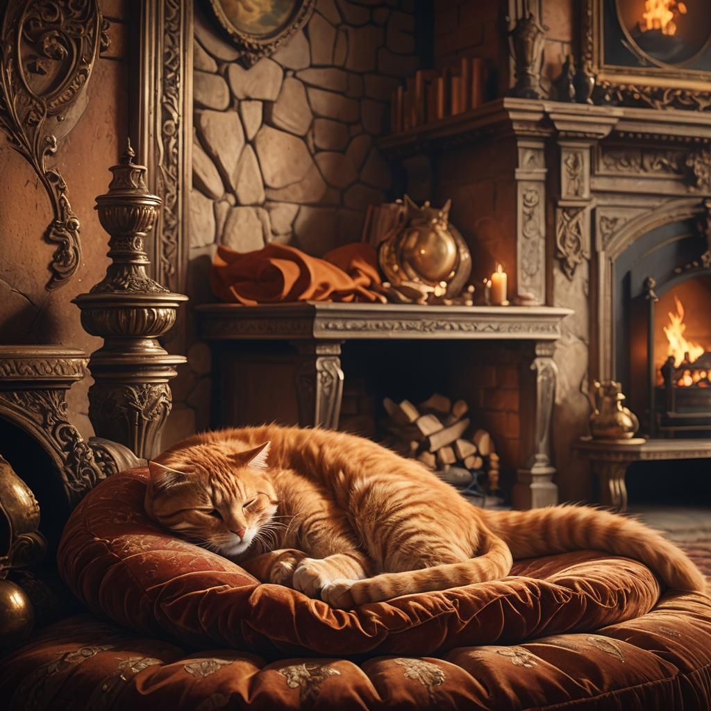 Orange cat sleeping on a circular pillow in front of a Victo...