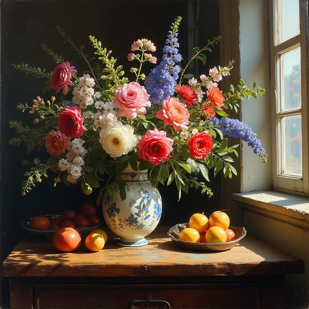Still Life with Flowers and Fruit in Classical Style