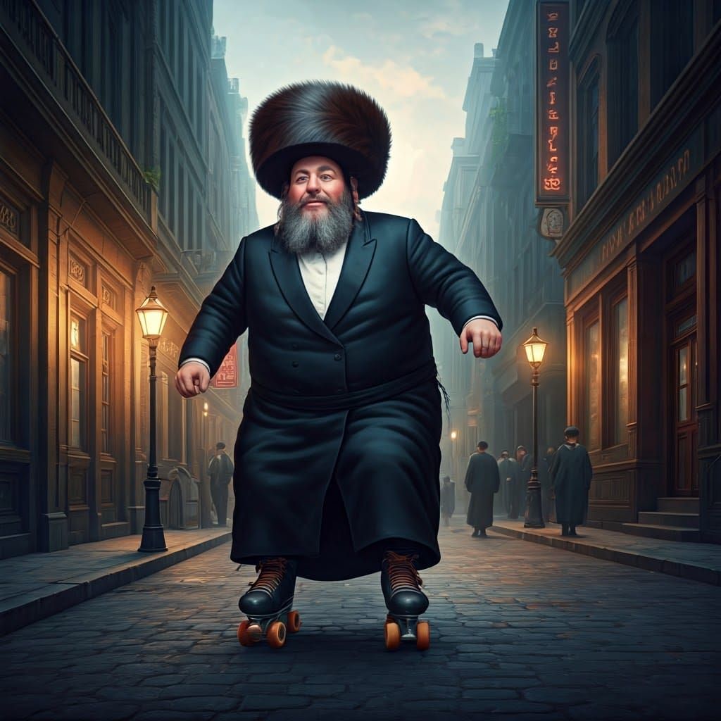 A Joyful Hasidic Man Roller Skates Through a Vibrant City St...