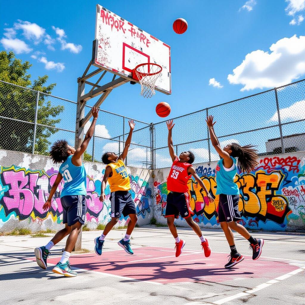 Gritty Urban Basketball Game in Street Art Style
