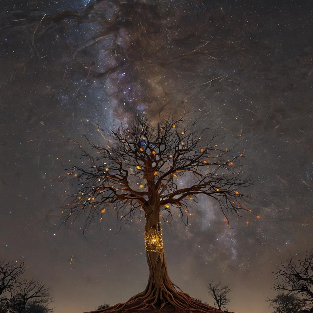 Magical Tree in Starry Sky: Low-Poly Digital Art