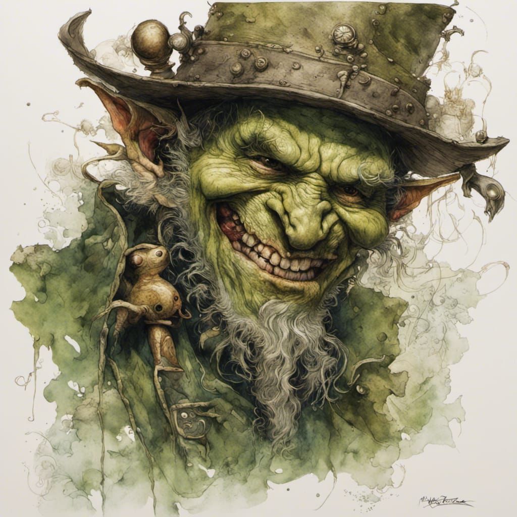 A sneering green pirate goblin with nasty sharp daggers fighting, by Jean-Baptiste Monge and Norman Rockwell, insanely d...