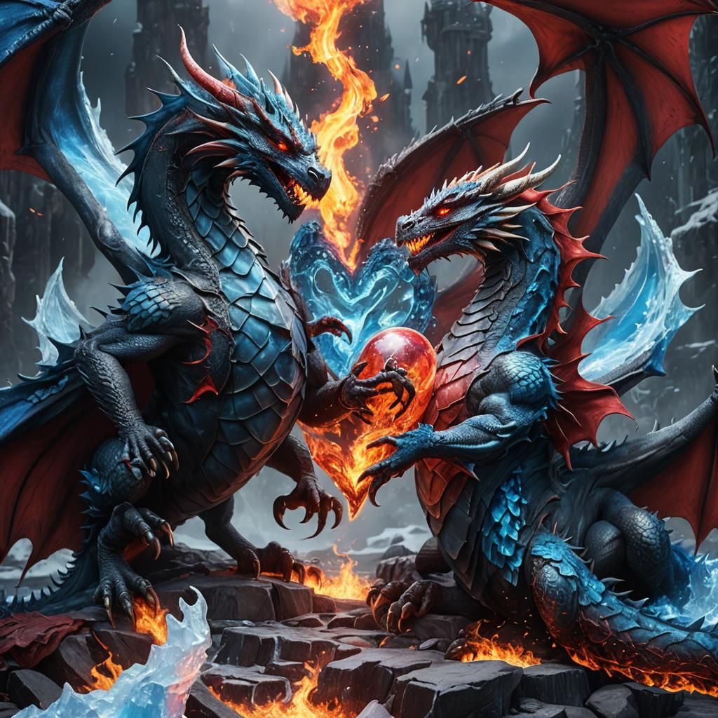Dragons Forming Heart in Fire and Ice Fantasy Art