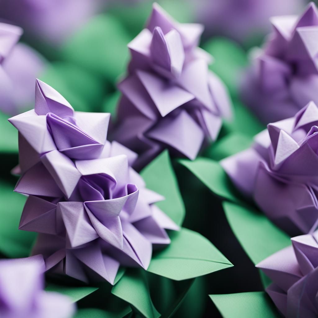 Lilacs Emerging From Lavender Fog in Origami Style
