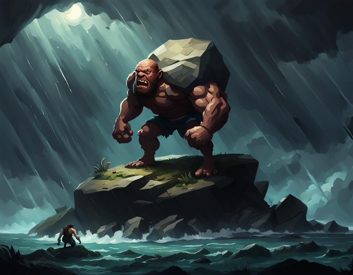 Polyphemus Cyclops Lifts Boulder in Stormy Painting