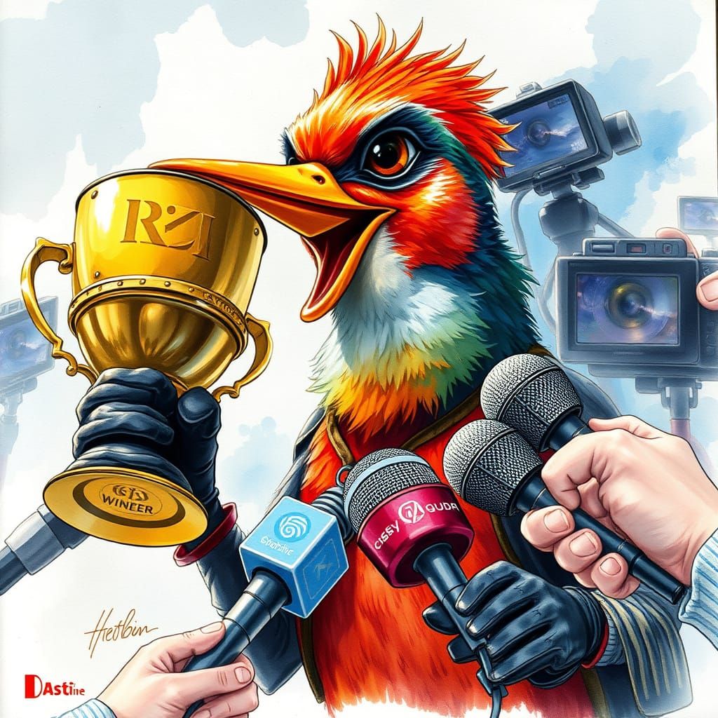 Humorous Robin Bird Victory in Art Nouveau Style