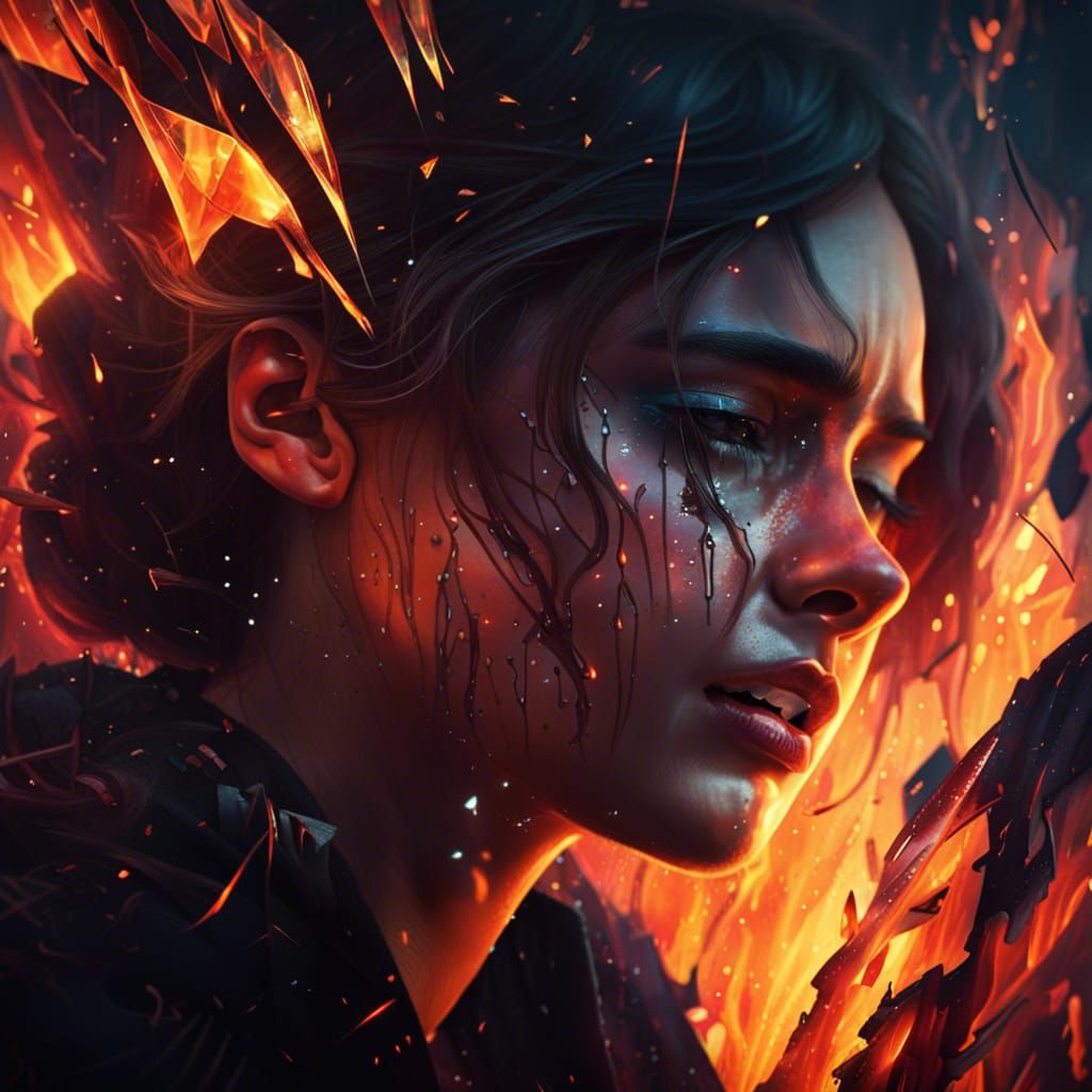 Girl Crying in Fire: Art Deco Digital Painting