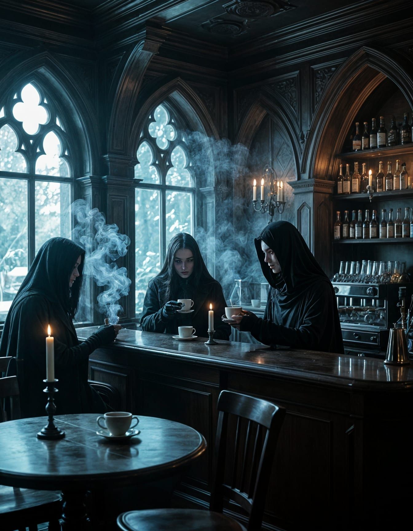 Eerie Espresso Bar With Phantom Faces