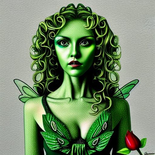 Hyperrealistic Fairy with Green Eyes and Red Wings