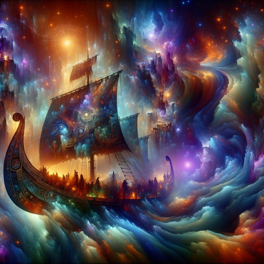 Ethereal Viking Ship Navigating Cosmic Nebula