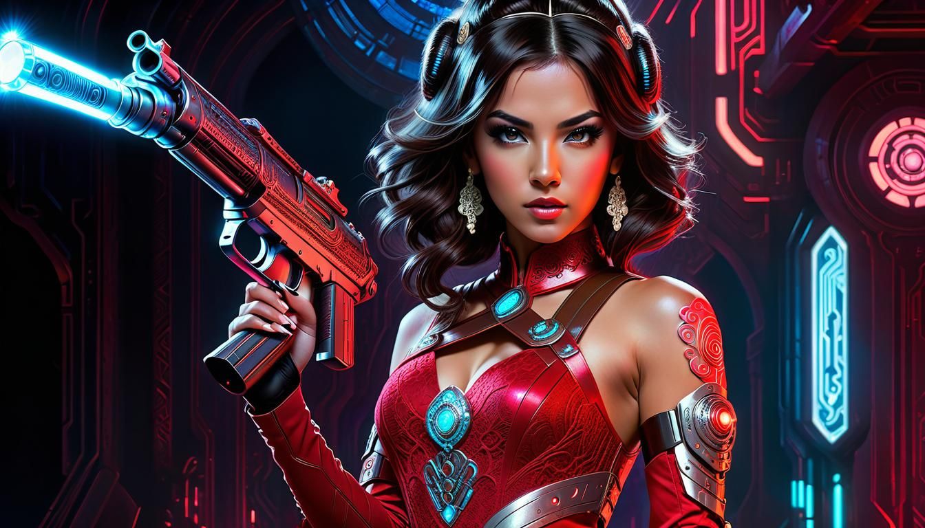 Brunette Cyborg Jasmine in Futuristic Impasto Action Scene