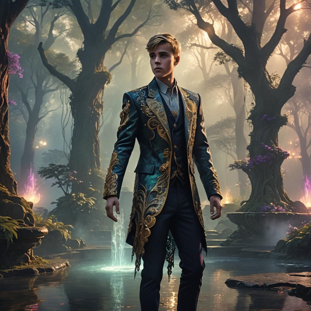 Justin Bieber in Mystical Forest: Fantasy Concept Art