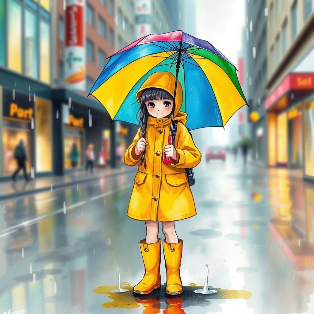 Girl with Umbrella in Rainy City, Watercolor Style