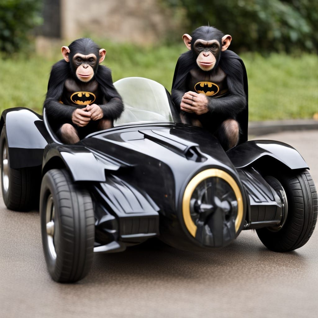 Chimps as Batman and Robin with Batmobile