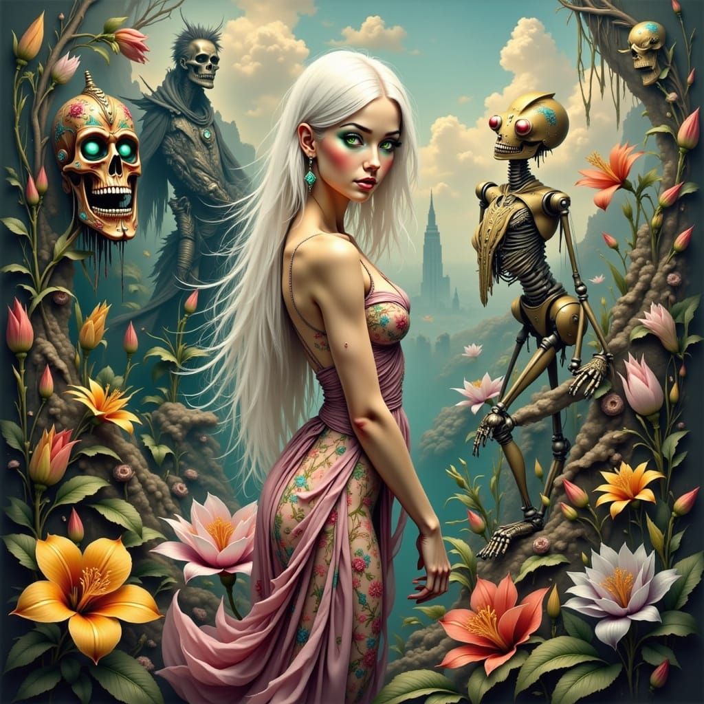 Surreal Woman with Tiki Robot and Alien Pet