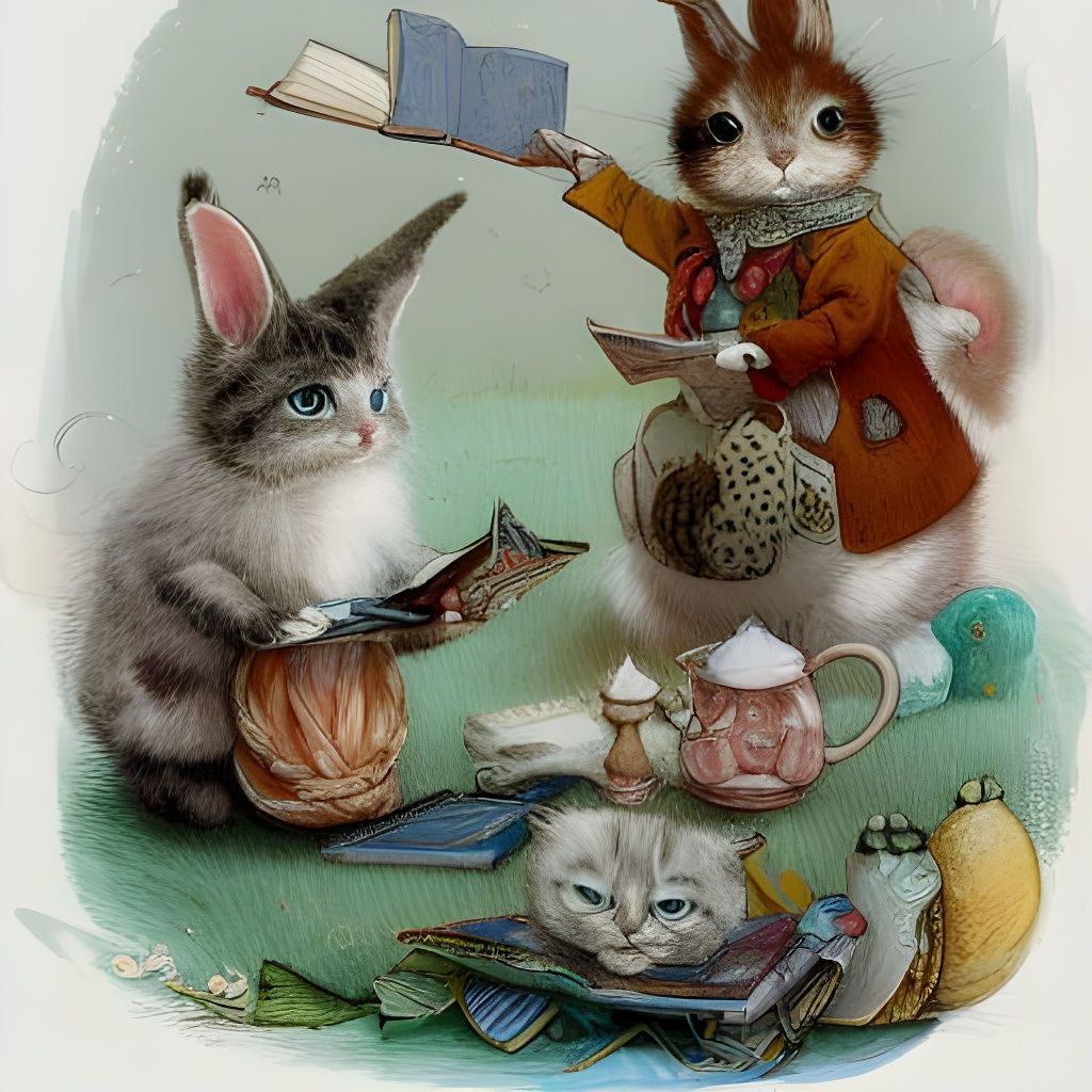 Adorable Anthropomorphic Kitten and Bunny Teacher in School