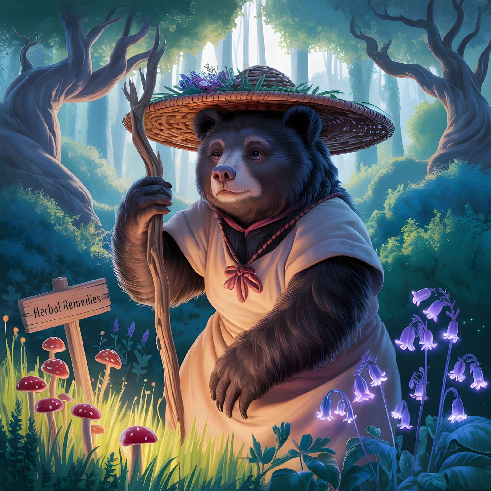 Black Bear Herbalist in Magical Glowing Garden