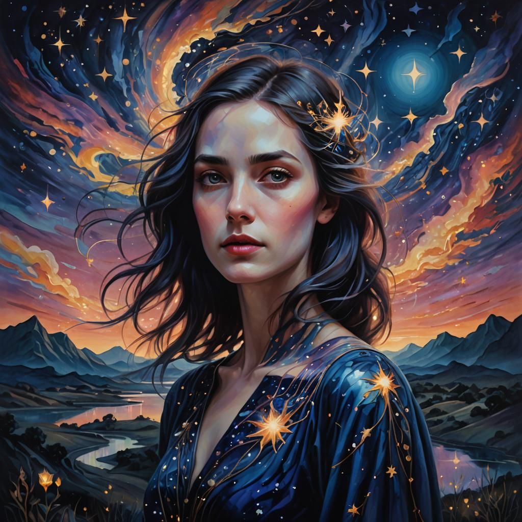 Surreal Woman in Twilight Landscape with Ethereal Light