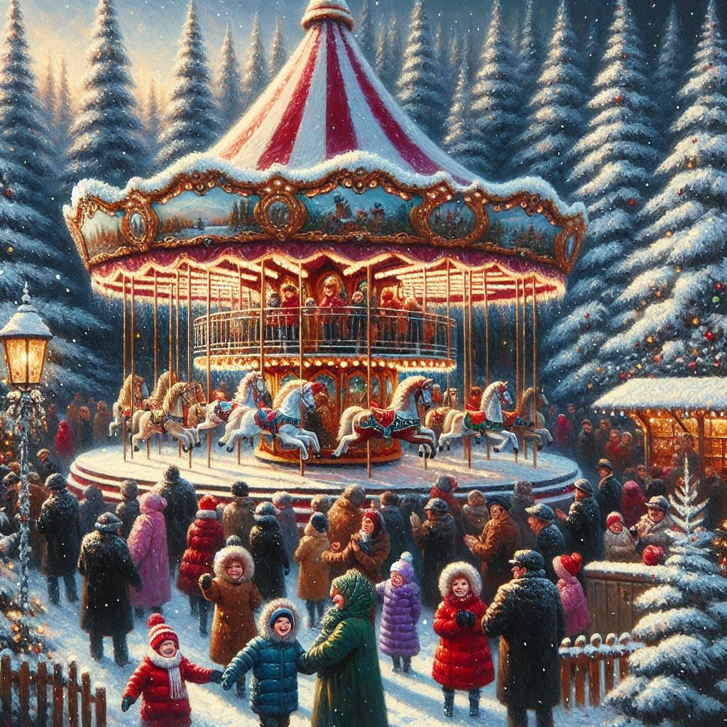 Vintage Carousel in Snowy Forest Impasto Painting