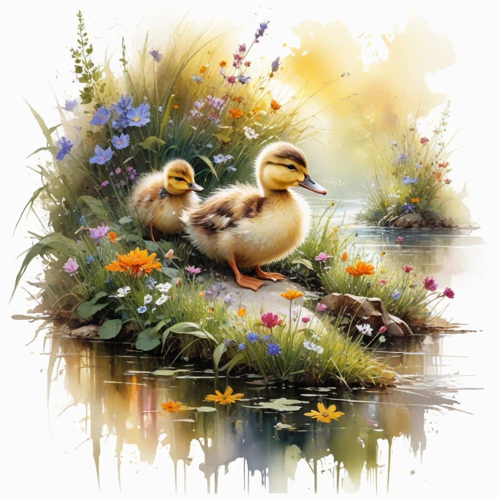 Whimsical Watercolor Duckling in Vibrant Garden Scene