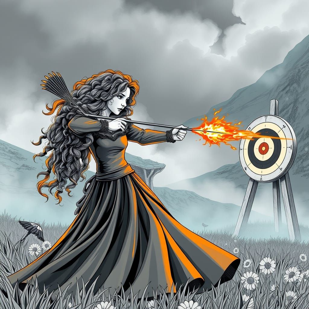 Merida Fires Flaming Arrow in a Misty Scottish Landscape