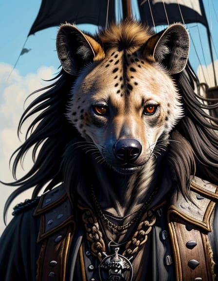 Hyena Pirate Captain Commands His Ship: Oil Painting